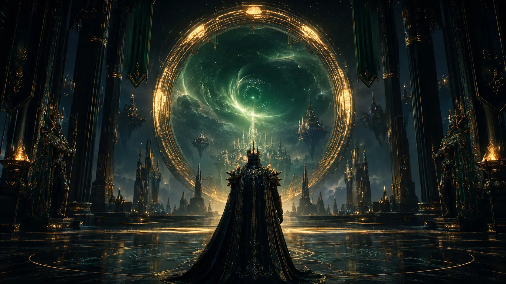 Reino futurista diante de um grande portal cósmico